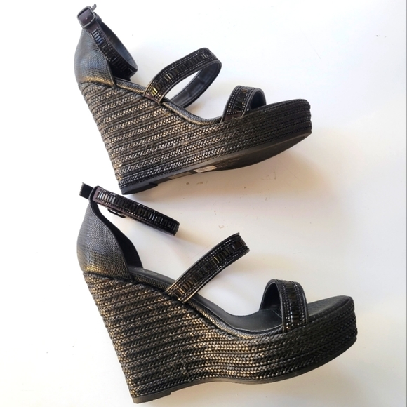 Aldo Shoes - Aldo Black Strappy Espadrille Wedges Embellished Sandals Size 10